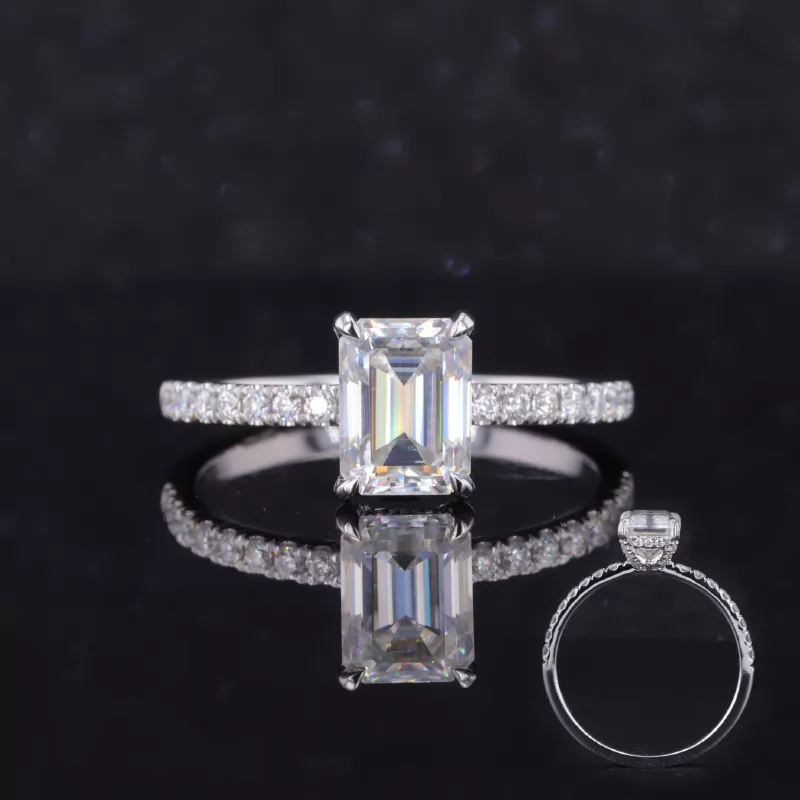 6×9mm Octagon Emerald Cut Moissanite 14K White Gold Pave Engagement Ring