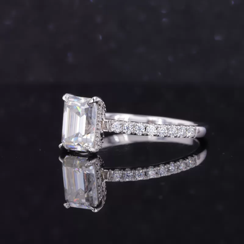 6×9mm Octagon Emerald Cut Moissanite 14K White Gold Pave Engagement Ring