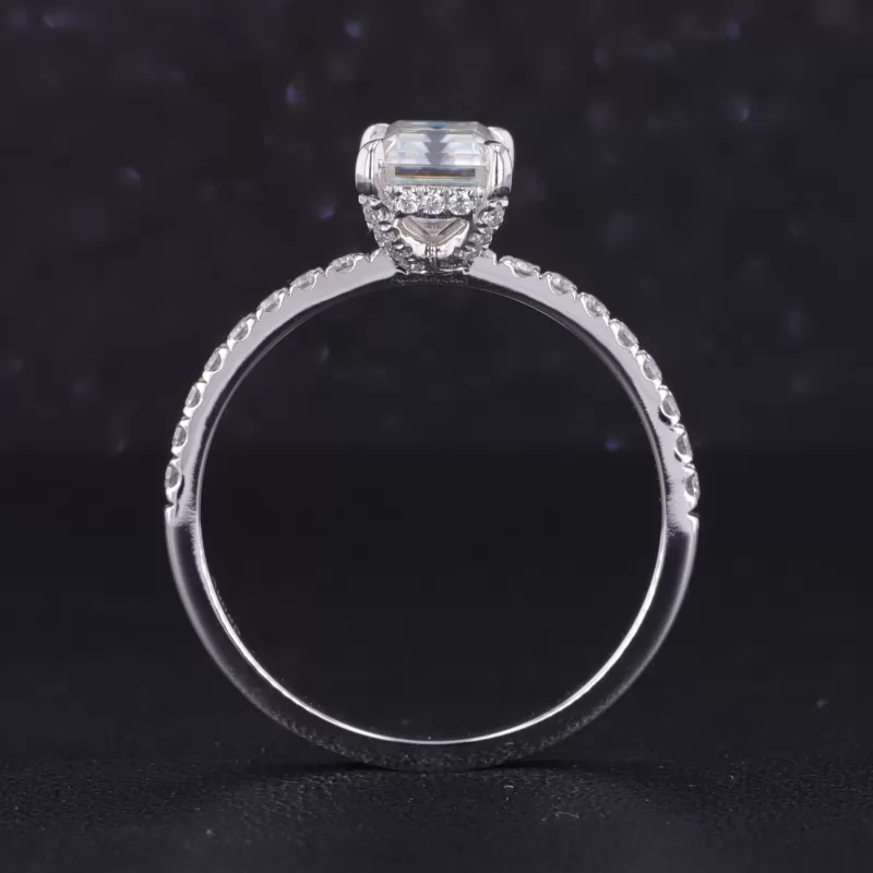 6×9mm Octagon Emerald Cut Moissanite 14K White Gold Pave Engagement Ring