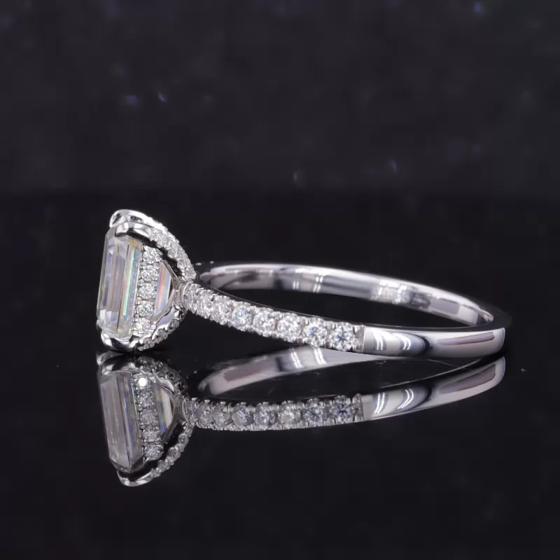 6×9mm Octagon Emerald Cut Moissanite 14K White Gold Pave Engagement Ring