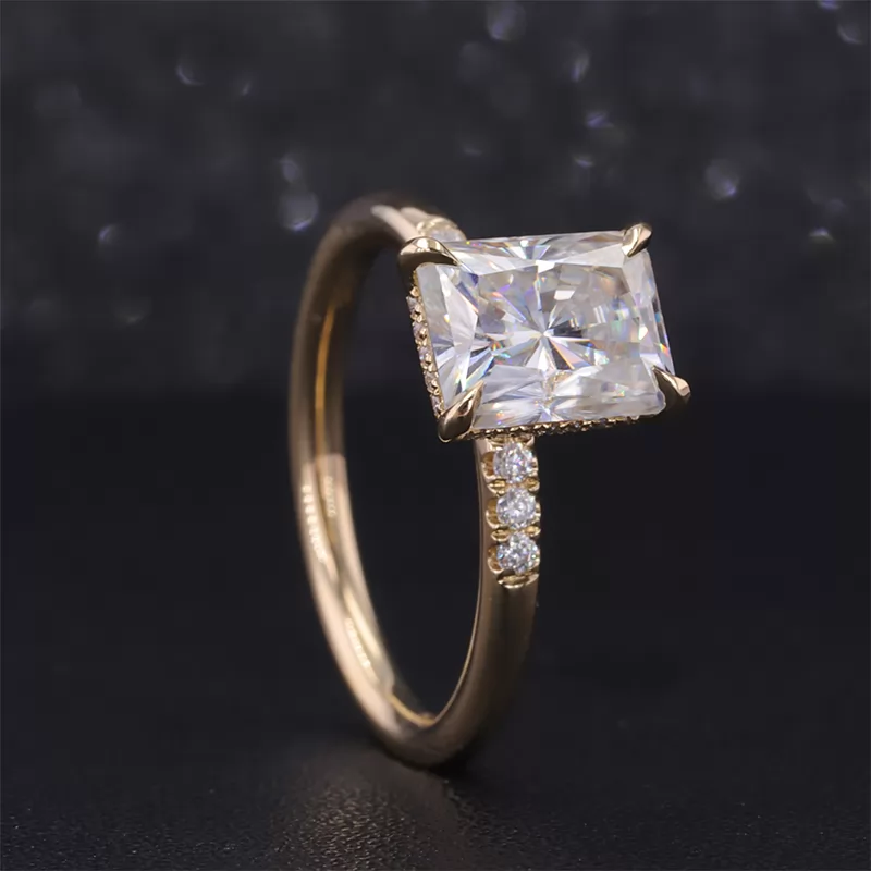 10×12mm Radiant Cut Moissanite 14K Yellow Gold Pave Engagement Ring