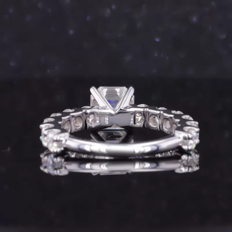 7.5×7.5mm Asscher Cut Moissanite 10K White Gold With Big Side Stones Pave Engagement Ring