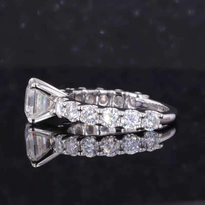 7.5×7.5mm Asscher Cut Moissanite 10K White Gold With Big Side Stones Pave Engagement Ring