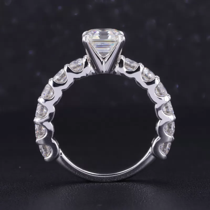 7.5×7.5mm Asscher Cut Moissanite 10K White Gold With Big Side Stones Pave Engagement Ring