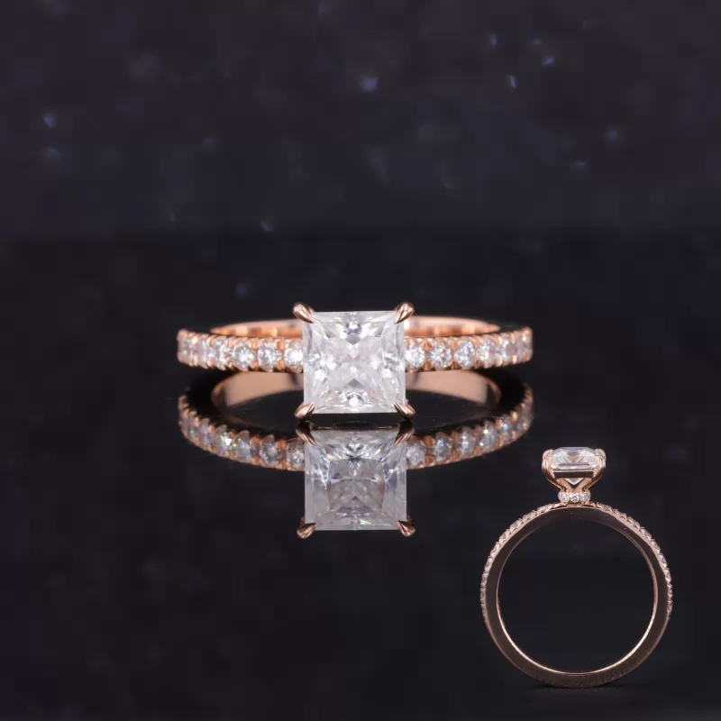 7×7mm Princess Cut Moissanite 14K Rose Gold Pave Engagement Ring