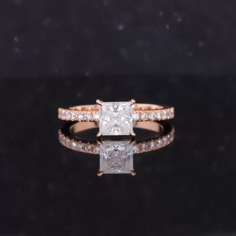 7×7mm Princess Cut Moissanite 14K Rose Gold Pave Engagement Ring