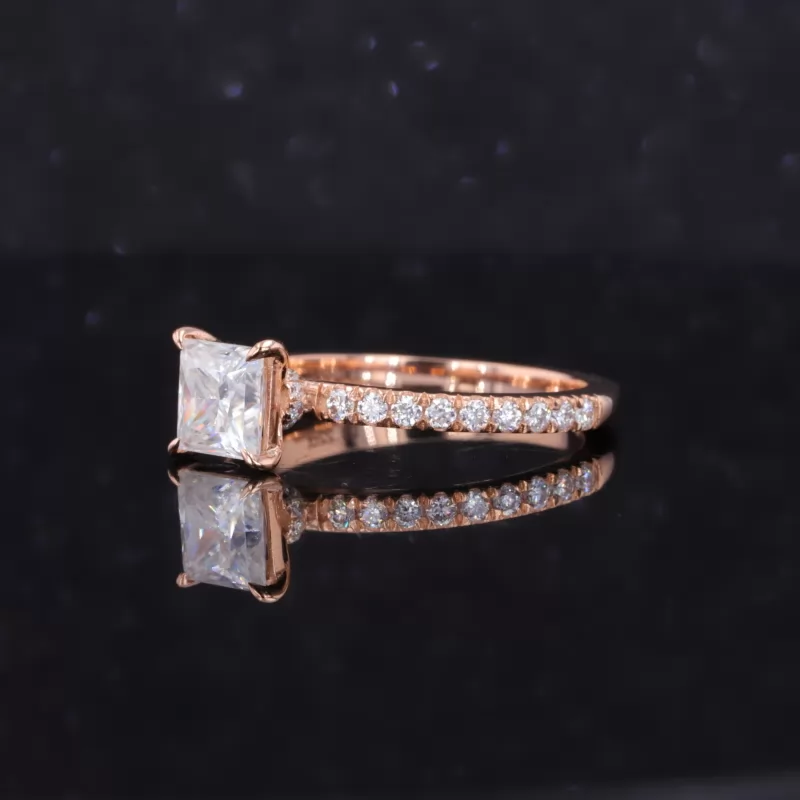 7×7mm Princess Cut Moissanite 14K Rose Gold Pave Engagement Ring