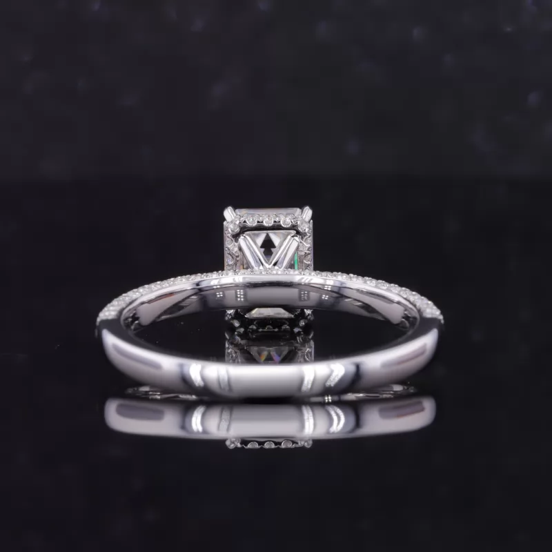 6×8mm Octagon Emerald Cut Moissanite 18K White Gold With Three Side Stones Pave Engagment Ring