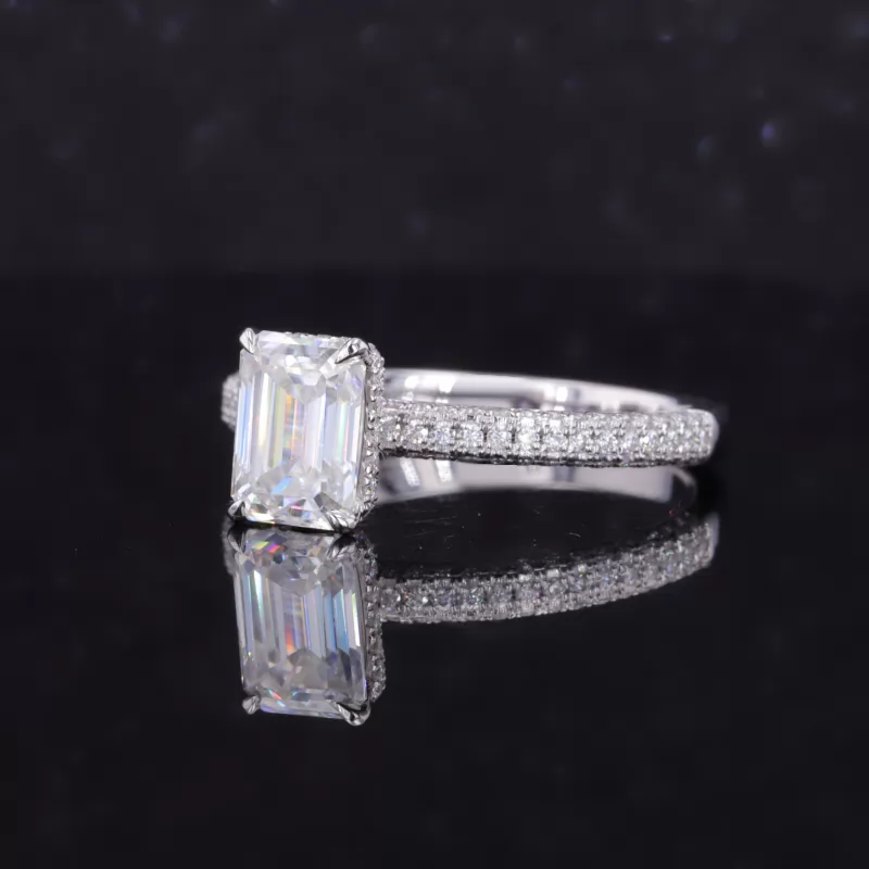 6×8mm Octagon Emerald Cut Moissanite 18K White Gold With Three Side Stones Pave Engagment Ring