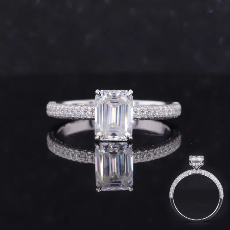6×8mm Octagon Emerald Cut Moissanite 18K White Gold With Three Side Stones Pave Engagment Ring