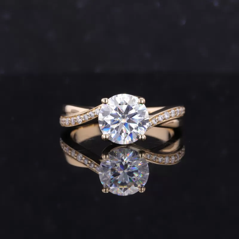 7.5mm Round Brilliant Cut Moissanite With Winding Band 14K Gold Pave Engagement Ring