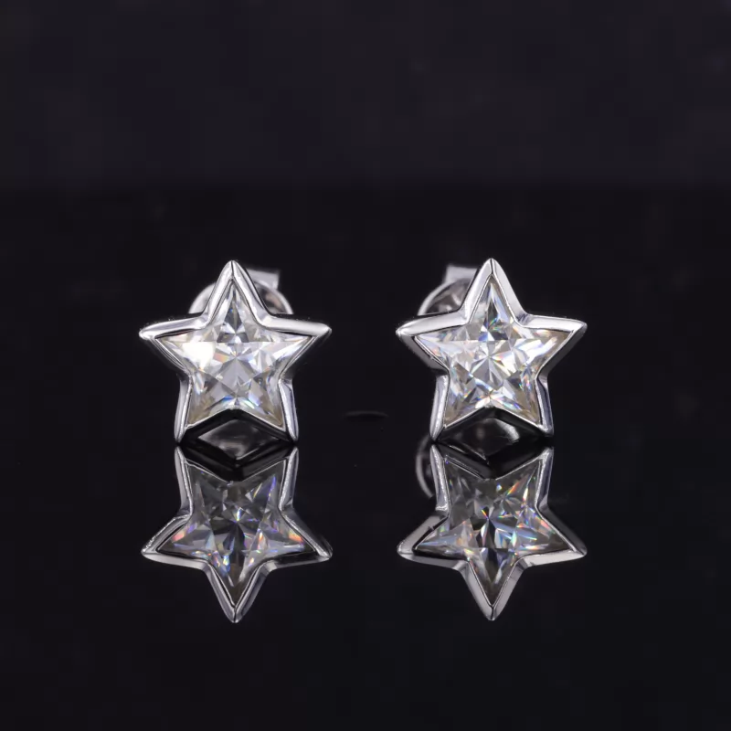 6×6mm Star Cut Moissanite Bezel Set S925 Sterling Silver Diamond Stud Earrings