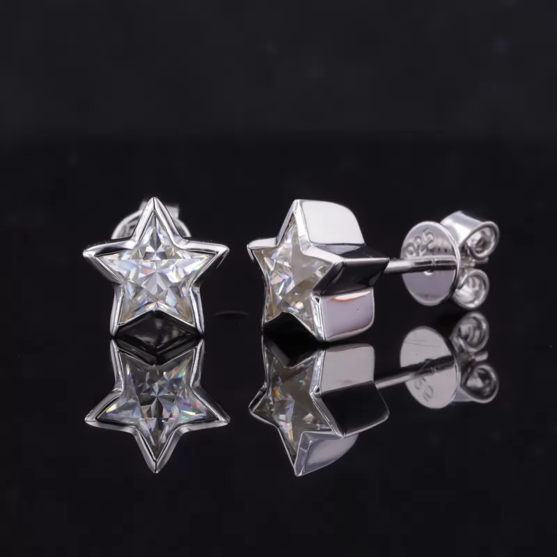 6×6mm Star Cut Moissanite Bezel Set S925 Sterling Silver Diamond Stud Earrings