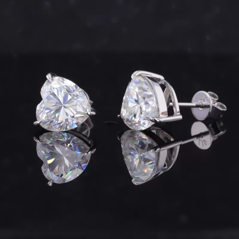 8×8mm Heart Cut Moissanite 3 Prongs 10K White Gold Diamond Stud Earrings