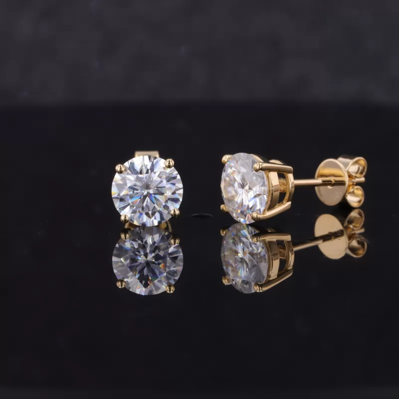 6.5mm Round Brilliant Cut Moissanite 4 Prongs 18K Yellow Gold Diamond Stud Earrings