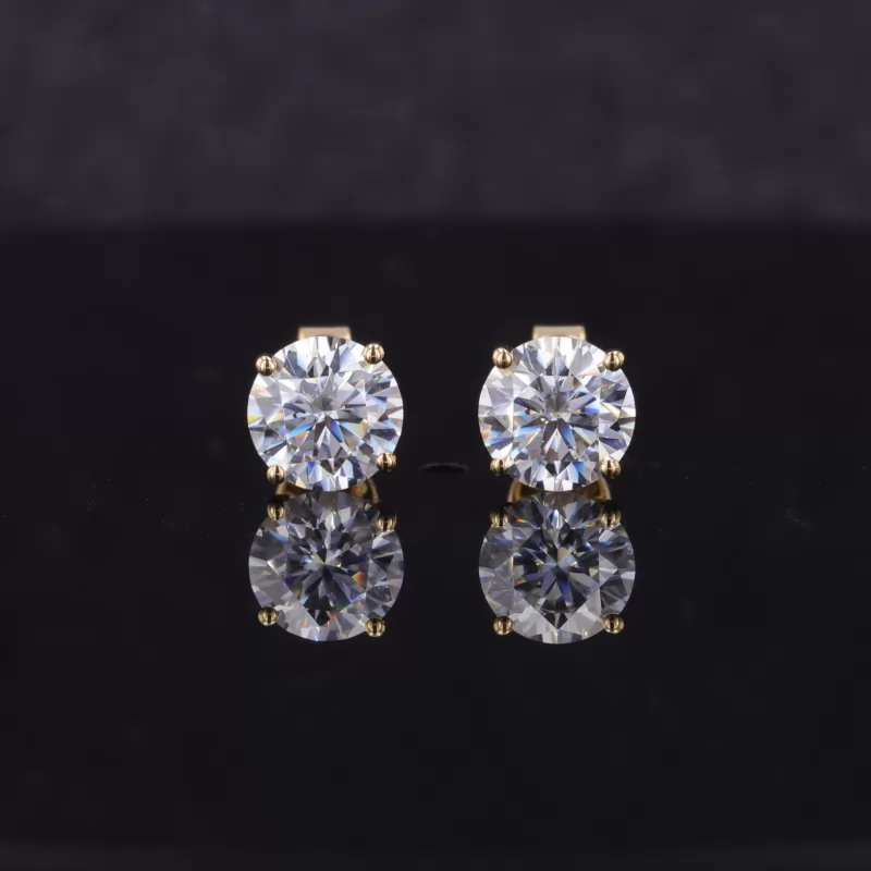 6.5mm Round Brilliant Cut Moissanite 4 Prongs 18K Yellow Gold Diamond Stud Earrings