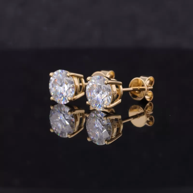 6.5mm Round Brilliant Cut Moissanite 4 Prongs 18K Yellow Gold Diamond Stud Earrings