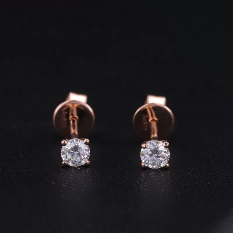 3mm Round Brilliant Cut Moissanite 4 Prongs 14K Rose Gold Diamond Stud Earrings