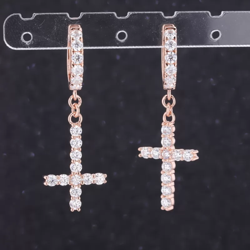 2.5mm Round Brilliant Cut Moissanite Cross 10K Rose Gold Diamond Earrings