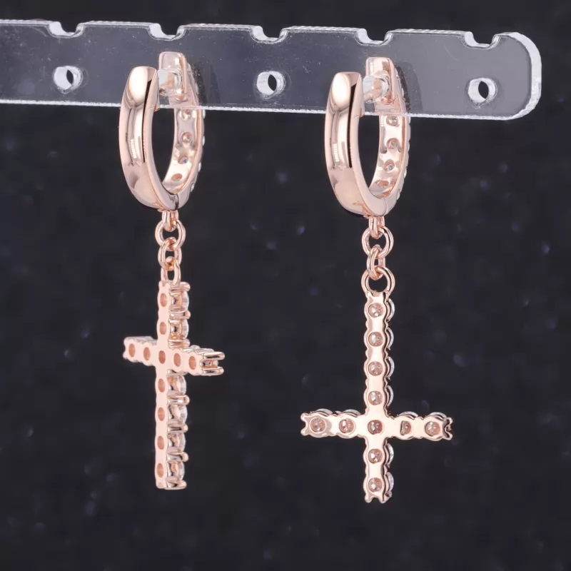 2.5mm Round Brilliant Cut Moissanite Cross 10K Rose Gold Diamond Earrings