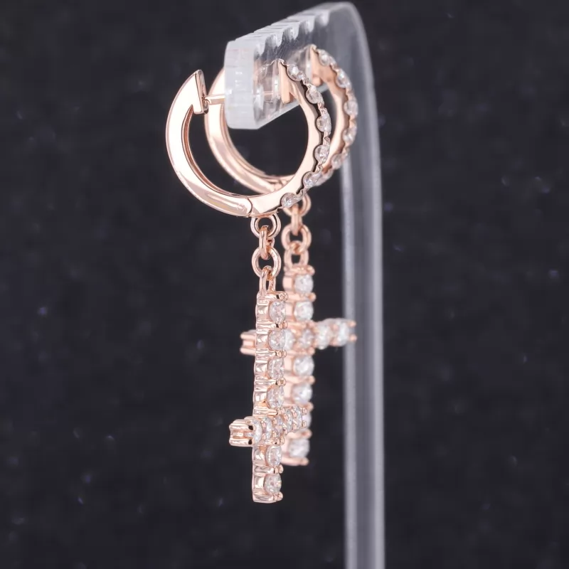 2.5mm Round Brilliant Cut Moissanite Cross 10K Rose Gold Diamond Earrings