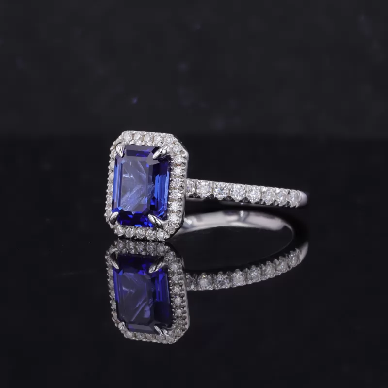 6×8mm Octagon Emerald Cut Royal Blue Lab Grown Sapphire S925 Sterling Silver Halo Engagement Ring