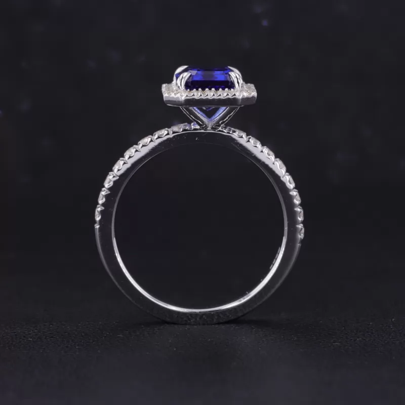 6×8mm Octagon Emerald Cut Royal Blue Lab Grown Sapphire S925 Sterling Silver Halo Engagement Ring