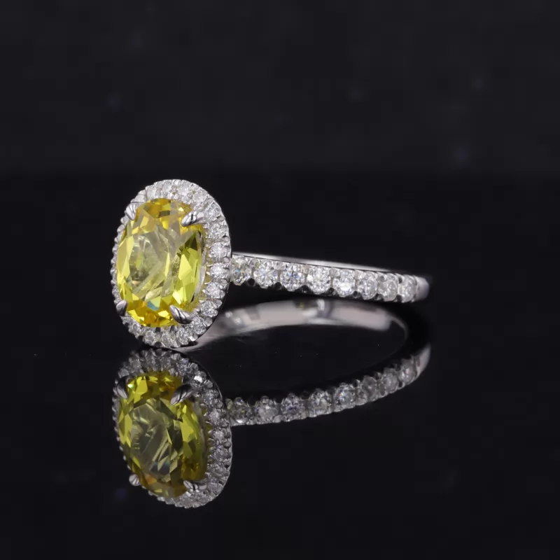 6×8mm Oval Cut Lab Grown Yellow Sapphire S925 Sterling Silver Halo Engagement Ring