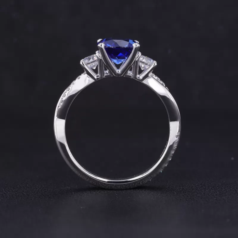 6.5mm Round Brilliant Cut Royal Blue With Side Moissanite PT950 Engagement Ring