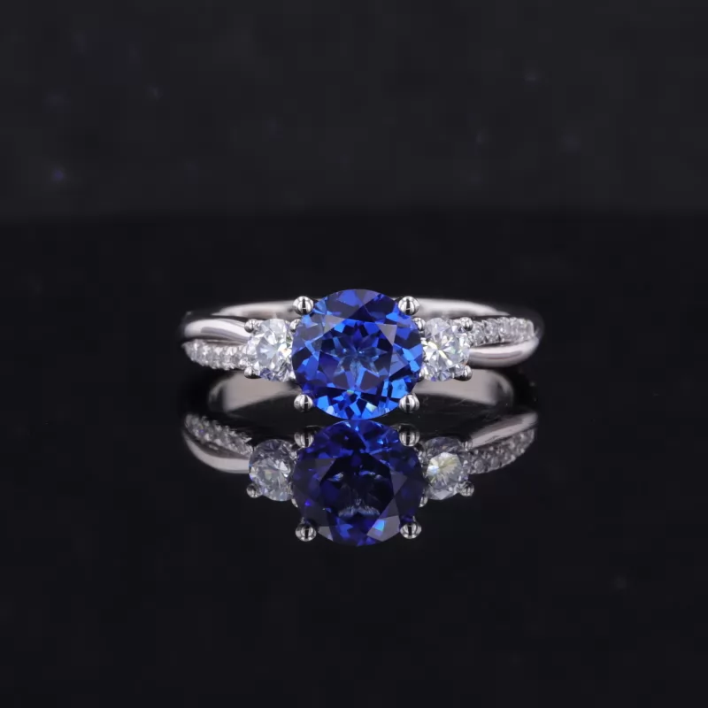 6.5mm Round Brilliant Cut Royal Blue With Side Moissanite PT950