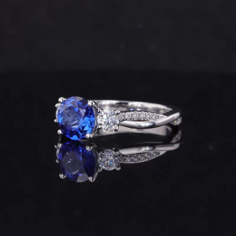 6.5mm Round Brilliant Cut Royal Blue With Side Moissanite PT950 Engagement Ring