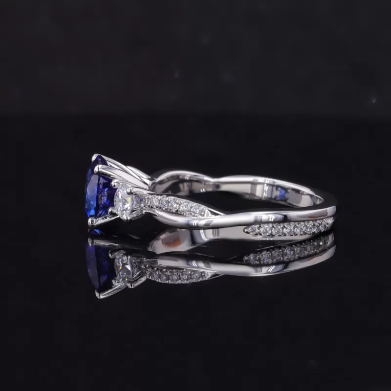 6.5mm Round Brilliant Cut Royal Blue With Side Moissanite PT950 Engagement Ring