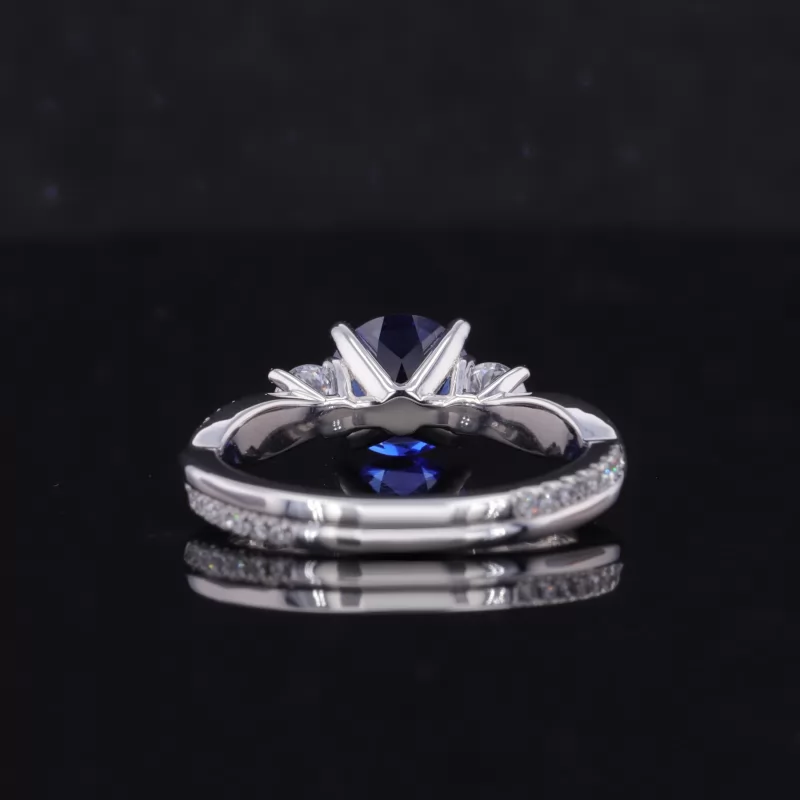6.5mm Round Brilliant Cut Royal Blue With Side Moissanite PT950 Engagement Ring