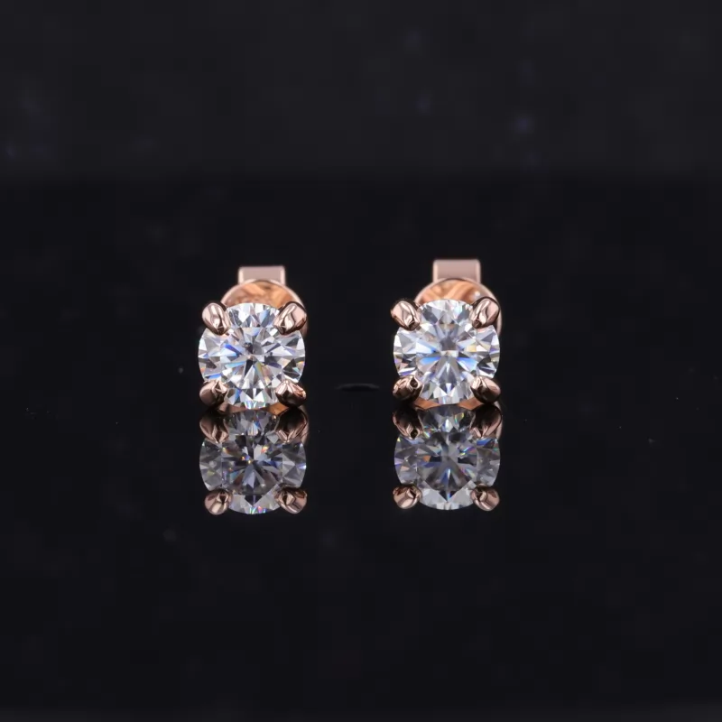 5mm Round Brilliant Cut Moissanite 4 Prongs 14K Rose Gold Diamond Stud Earrings