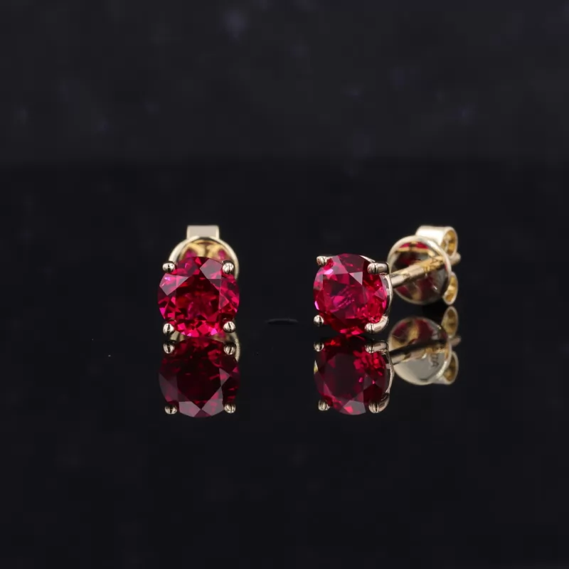 5mm Round Brilliant Cut Lab Grown Ruby 4 Prongs Screw Back 14K Rose Gold Diamond Stud Earrings