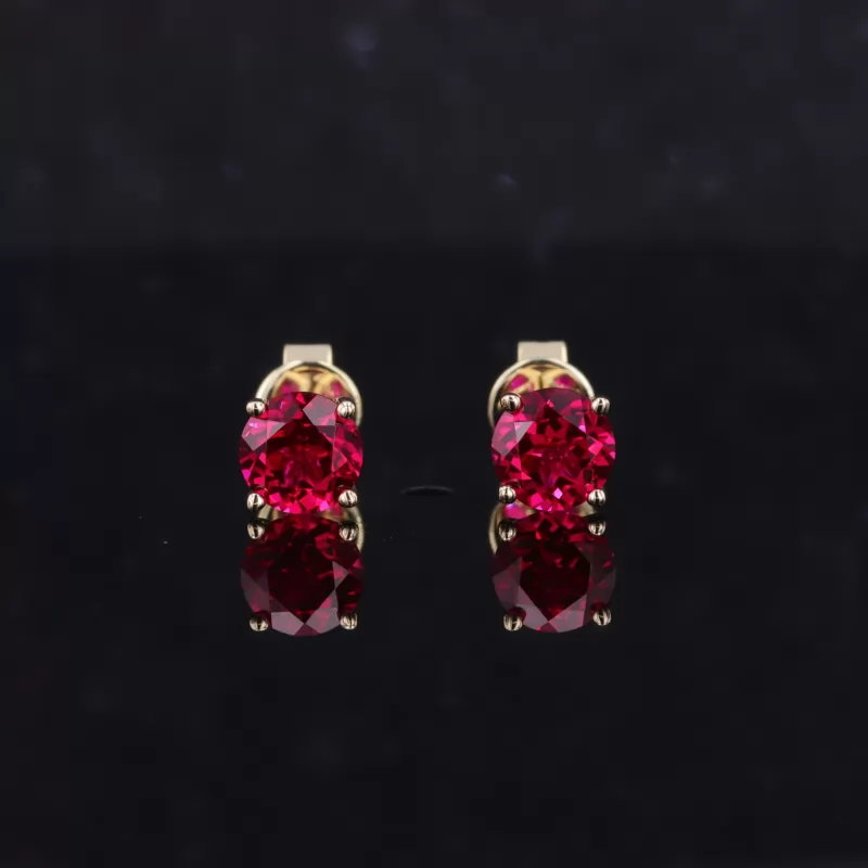 5mm Round Brilliant Cut Lab Grown Ruby 4 Prongs Screw Back 14K Rose Gold Diamond Stud Earrings