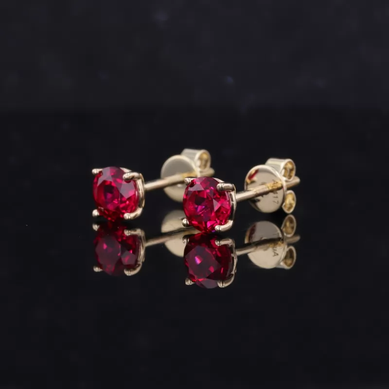 5mm Round Brilliant Cut Lab Grown Ruby 4 Prongs Screw Back 14K Rose Gold Diamond Stud Earrings