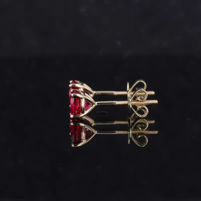 5mm Round Brilliant Cut Lab Grown Ruby 4 Prongs Screw Back 14K Rose Gold Diamond Stud Earrings