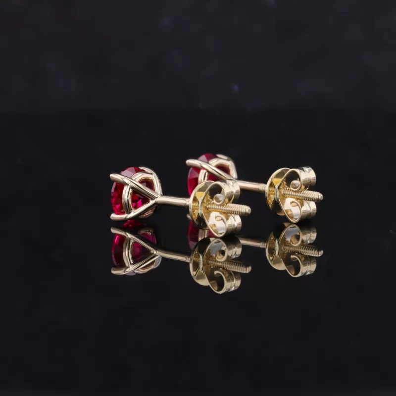 5mm Round Brilliant Cut Lab Grown Ruby 4 Prongs Screw Back 14K Rose Gold Diamond Stud Earrings