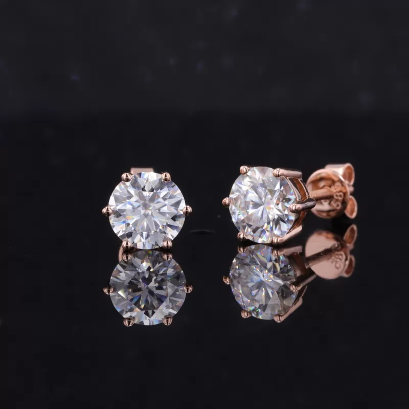 6.5mm Round Brilliant Cut Moissanite 6 Prongs 14K Rose Gold Diamond Stud Earrings