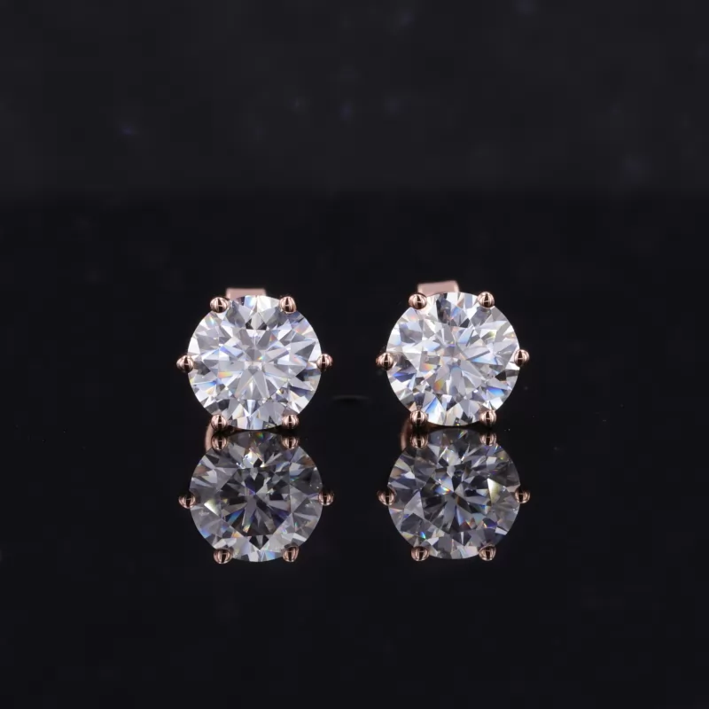 6.5mm Round Brilliant Cut Moissanite 6 Prongs 14K Rose Gold Diamond Stud Earrings