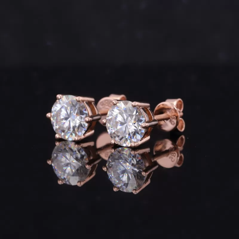 6.5mm Round Brilliant Cut Moissanite 6 Prongs 14K Rose Gold Diamond Stud Earrings