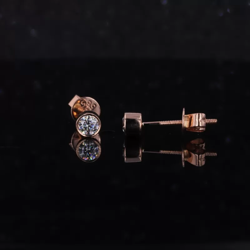 3mm Round Brilliant Cut Moissanite Bezel Set 14K Rose Gold Diamond Stud Earrings