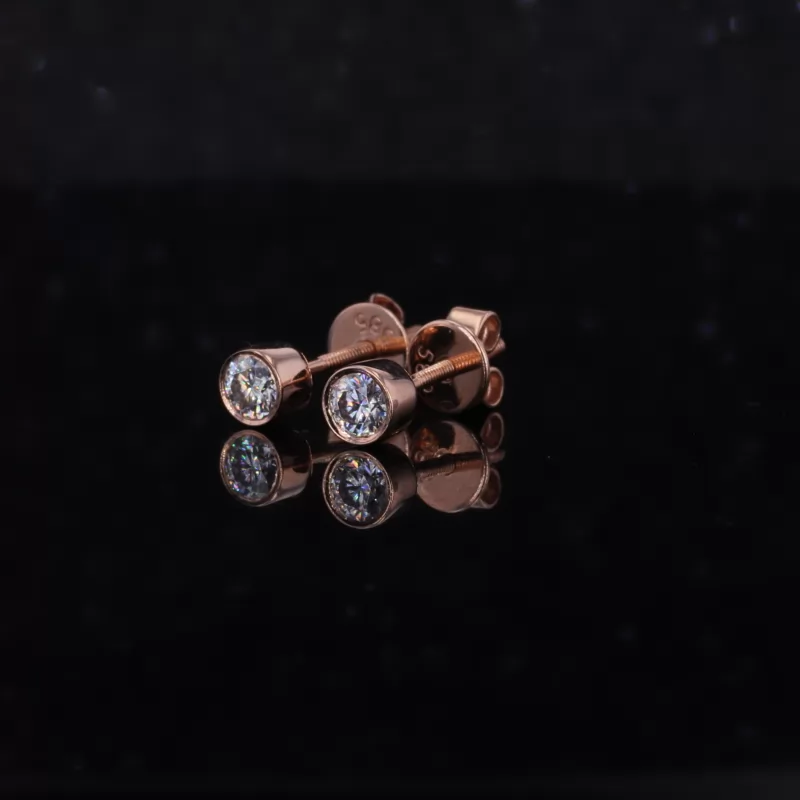 3mm Round Brilliant Cut Moissanite Bezel Set 14K Rose Gold Diamond Stud Earrings