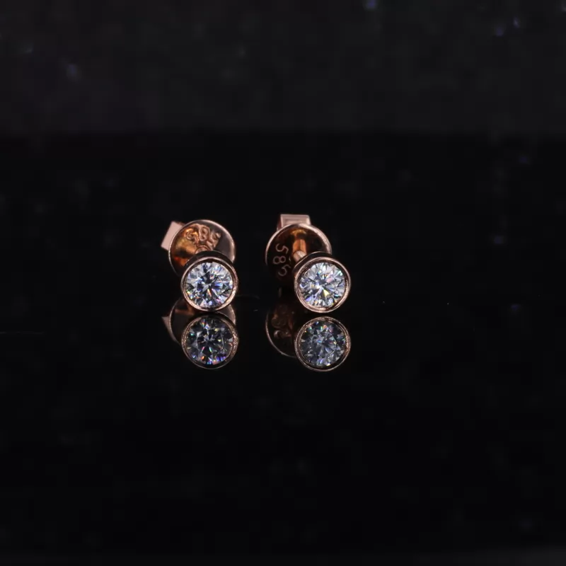 3mm Round Brilliant Cut Moissanite Bezel Set 14K Rose Gold Diamond Stud Earrings