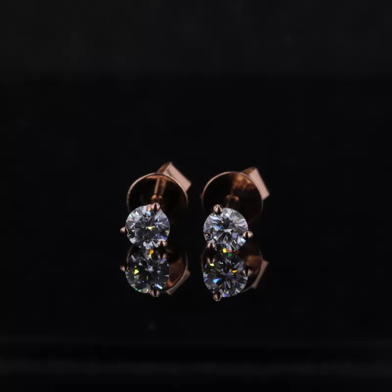 3.1mm Round Brilliant Cut Lab Grown Diamond 3 Prongs 14K Rose Gold Diamond Stud Earrings