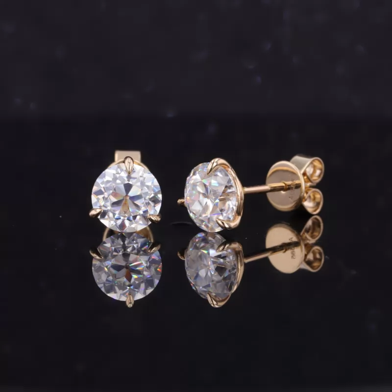 6.5mm Round Brilliant Cut Moissanite 3 Prongs 14K Yellow Gold Diamond Stud Earrings