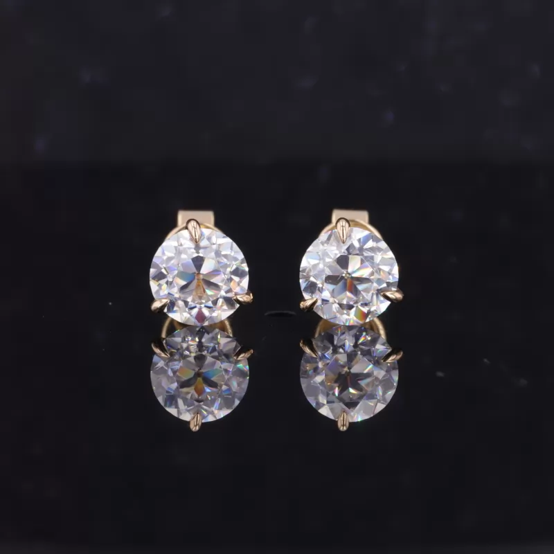 6.5mm Round Brilliant Cut Moissanite 3 Prongs 14K Yellow Gold Diamond Stud Earrings