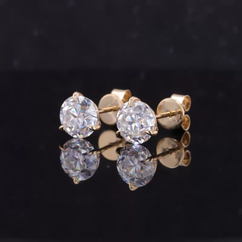 6.5mm Round Brilliant Cut Moissanite 3 Prongs 14K Yellow Gold Diamond Stud Earrings