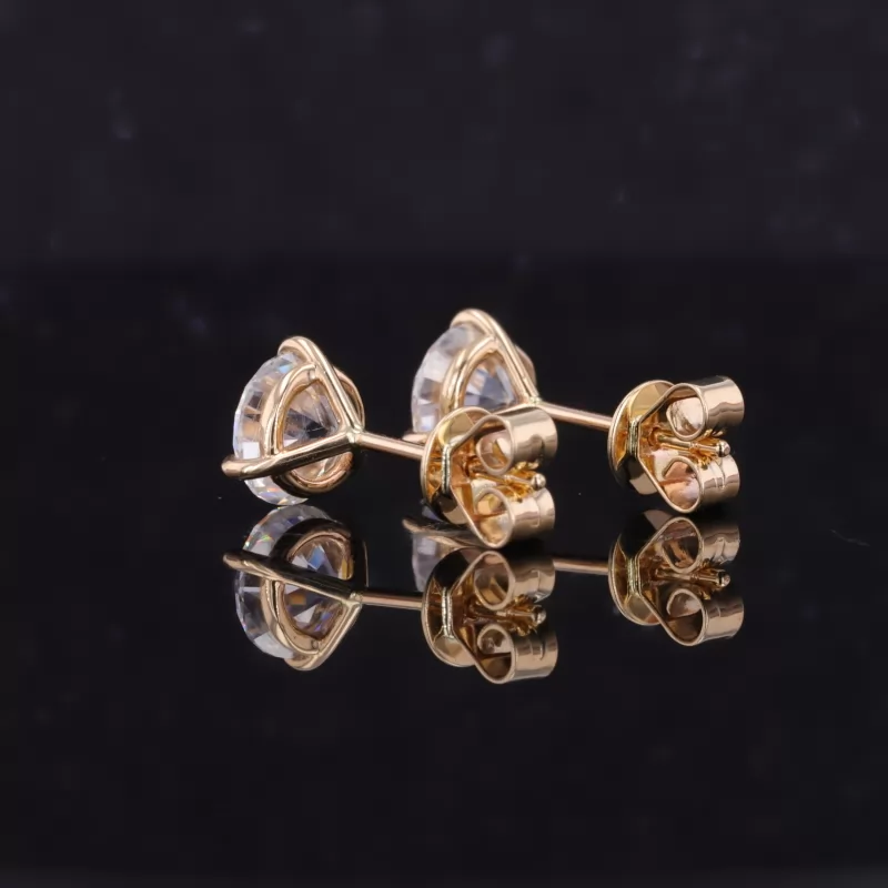 6.5mm Round Brilliant Cut Moissanite 3 Prongs 14K Yellow Gold Diamond Stud Earrings
